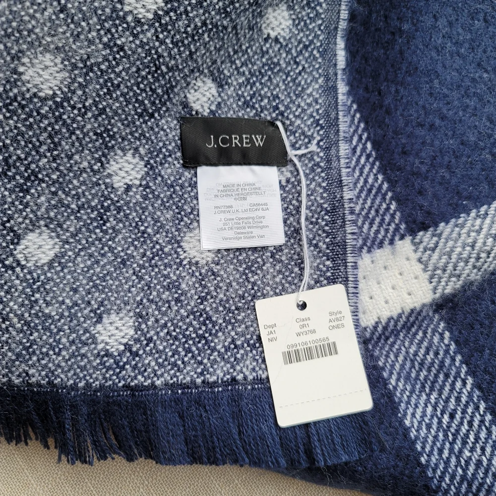 New! J.Crew Reversible Navy Blue White Blanket Scarf Plaid Polka Dots NWT